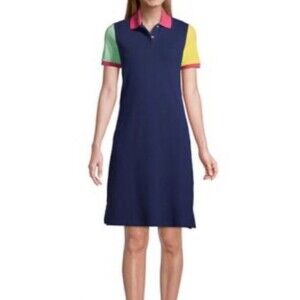LANDS END Navy Polo Shirt Dress Collar Preppy Knee Length Medium